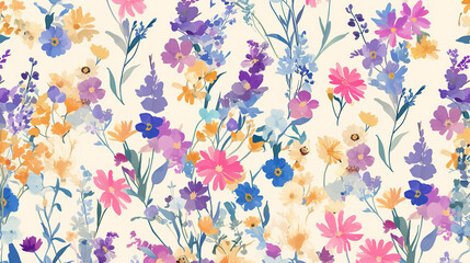 The image features a vibrant and colorful floral pattern with a variety of flowers in shades of pink, blue, purple, and yellow, set against a light beige background