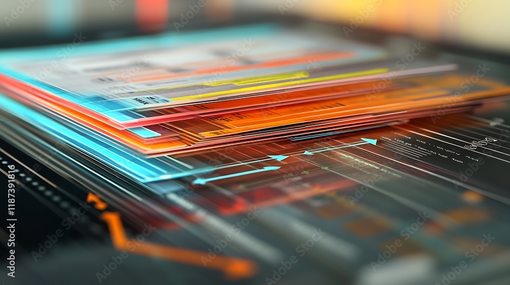 Poster Artistic rendering of income statements showcasing symbolic layers arrows revenue and expense visualization