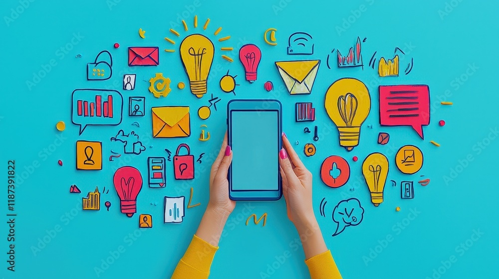 Poster a pair of hands holds a phone surrounded by colorful icons symbolizing idea generation and mobile ma