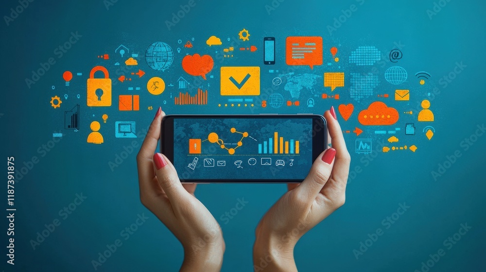 Poster a smartphone displays various icons representing data and communication. this visualizes mobile tech