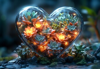Glass Heart Containing Beautiful Flowers



