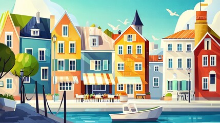 Fototapeta premium A boat painting in water with buildings and two cafes on opposite sides