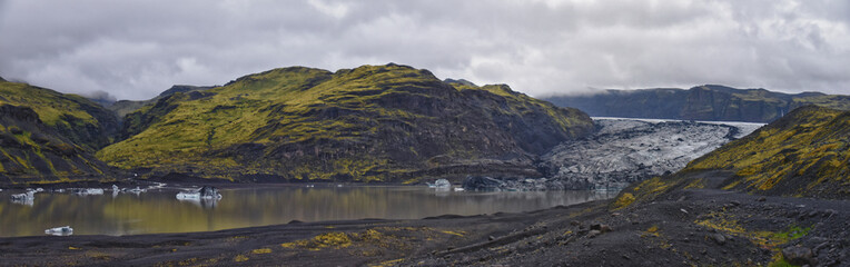 Solheimajokull glacier in Katla Geopark on Icelandic Atlantic South Coast. June 2024 South glacial tongue of Myrdalsjokull ice cap, near Vik village, Iceland, Europe