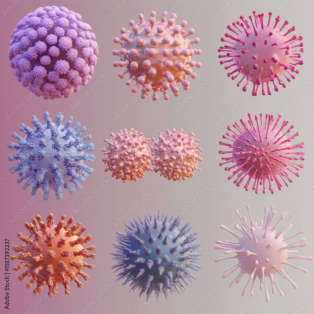 Poster progression of virus forms displayed from basic structures to complex variations with different text