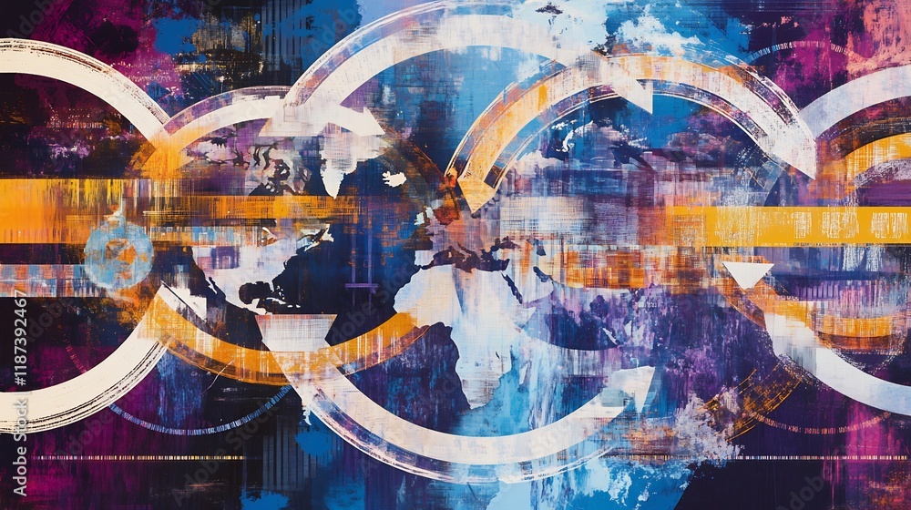 Fototapete Artistic rendering of global commerce systems overlapping arrows circular patterns signifying international trade