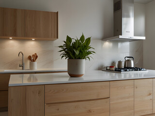 photography of A modern and minimalist kitchen interior with a clean, bright, and inviting atmosphere. The kitchen walls are painted in a crisp white, reflecting the natural light streaming through