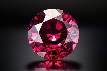 Stunning round cut ruby gemstone sparkling against a dark background with intricate facets and rich color