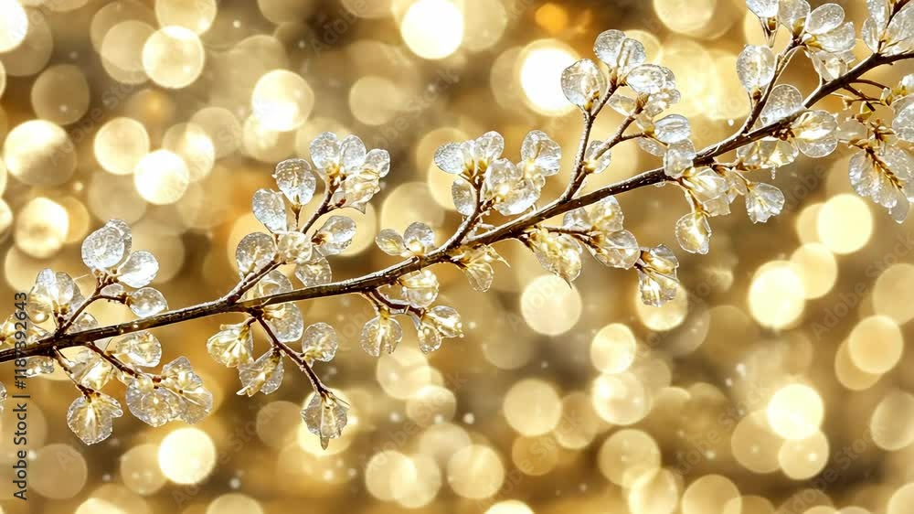 Aufkleber sparkling branch adorned with droplets against a shimmering golden background in a dreamy setting