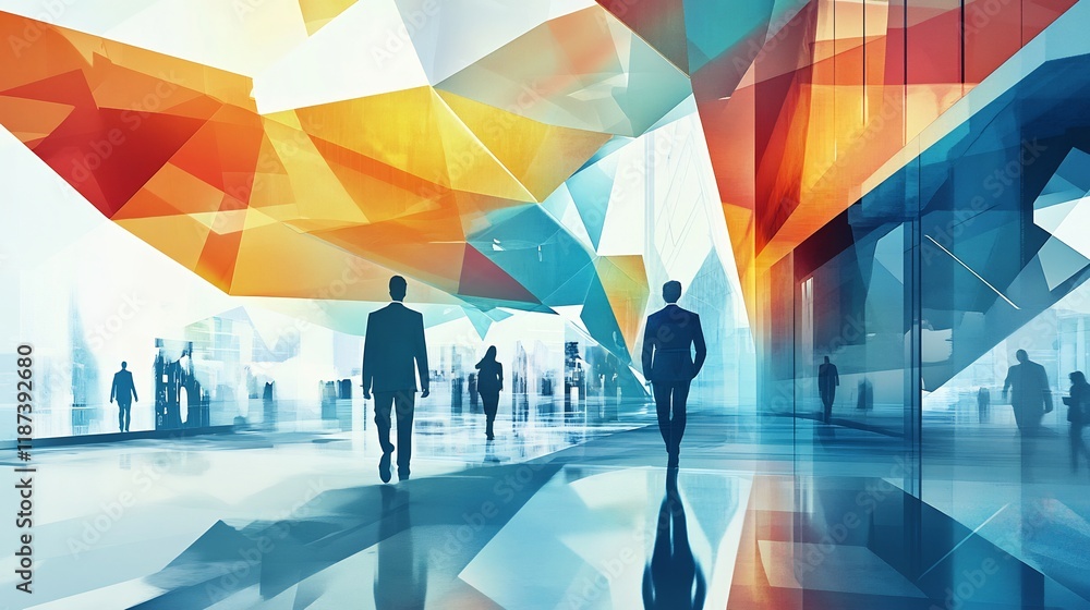 Poster Artistic rendering of corporate restructuring flowing geometric forms symbolizing change transformation