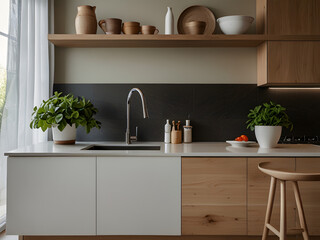 photography of A modern and minimalist kitchen interior with a clean, bright, and inviting atmosphere. The kitchen walls are painted in a crisp white, reflecting the natural light streaming through