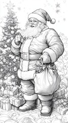A cheerful Santa Claus stands beside a Christmas tree, holding a bag filled with gifts, surrounded by present boxes in a festive, snowy scene.