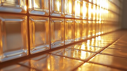 Sunlit glass block wall and tiled floor.