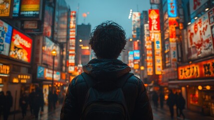 Obraz premium Person with backpack facing vibrant city lights.