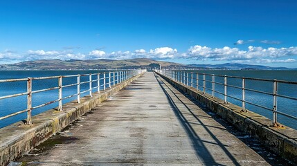 Fototapeta premium A breathtaking shot of a lengthy bridge spanning a vast expanse of water, framed by majestic mountains under a radiant sun