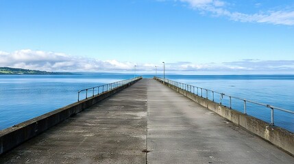 Fototapeta premium A pier extends into the ocean on a sunny day with a blue sky and cloud background