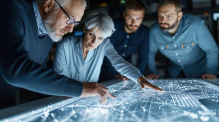 A group of professionals gathered around a glowing interactive touchscreen table, analyzing data in a futuristic, tech-driven workspace illuminated by ambient lighting.
