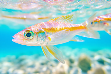 Fototapeta premium A close-up underwater shot of a colorful fish swimming gracefully in clear turquoise water, showcasing its vibrant scales and fins.