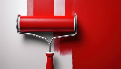 Vivid Red Stripes Paint Roller on Textured White Wall Artistic Closeup Showcasing Vibrant Color...