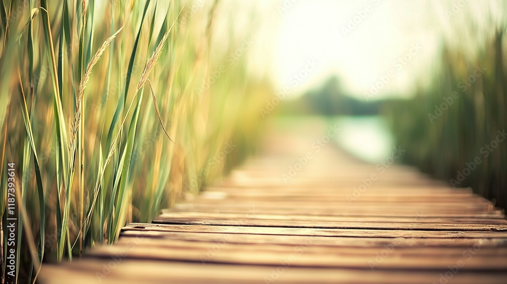 Wall mural   A path of wood, flanked by high grass, leads towards a faraway lake