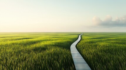   A path in the middle of a field leads to a stunning bright blue sky with a distinct white line dividing it