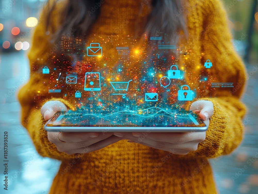 Poster a person holds a tablet displaying holographic icons representing online shopping and secure transac