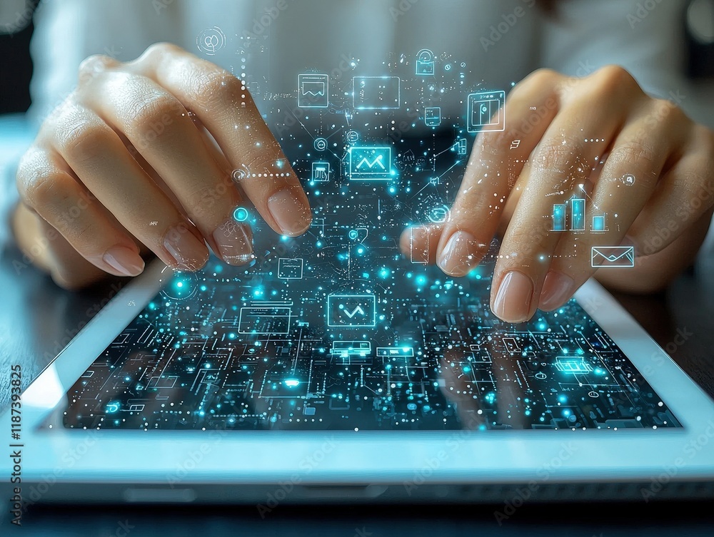 Poster a person interacts with a tablet displaying holographic icons representing various digital marketing