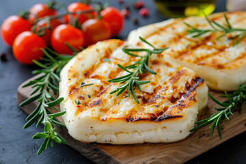 Golden grilled halloumi cheese topped with fresh rosemary, served with vibrant cherry tomatoes on a rustic wooden board, perfect for a Mediterranean dish.
