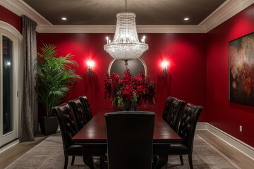 dramatic dining room with rumors red walls