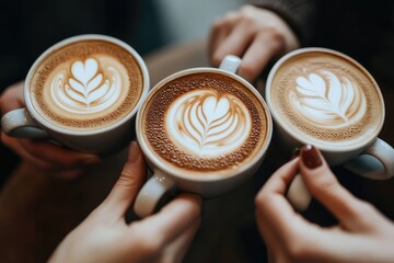 A group of friends learning barista skills, practicing latte art in a coffee shop