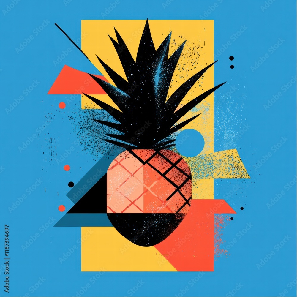 Poster abstract geometric design featuring a pineapple against a vibrant blue background with colorful shap