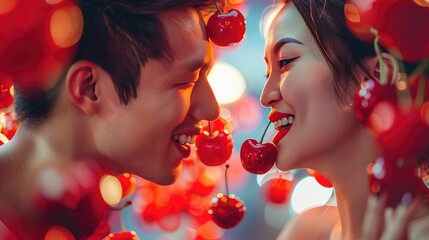 Romantic Valentine's Day couple sharing red cherries and celebrating love with joyful smiles.