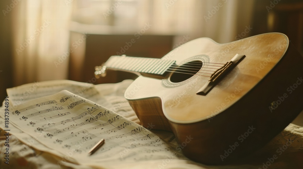 Poster acoustic guitar resting beside scattered sheet music and a tuning fork on a soft fabric background i
