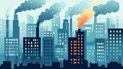 Obraz premium A city with numerous chimneys spewing smoke and many structures emitting fumes