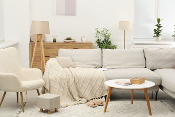 Light living room interior. Comfortable sofa with blanket and other furniture indoors