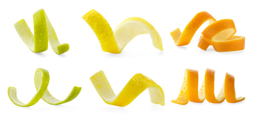 Zest of lime, orange and lemon isolated on white, set. Citrus fruit
