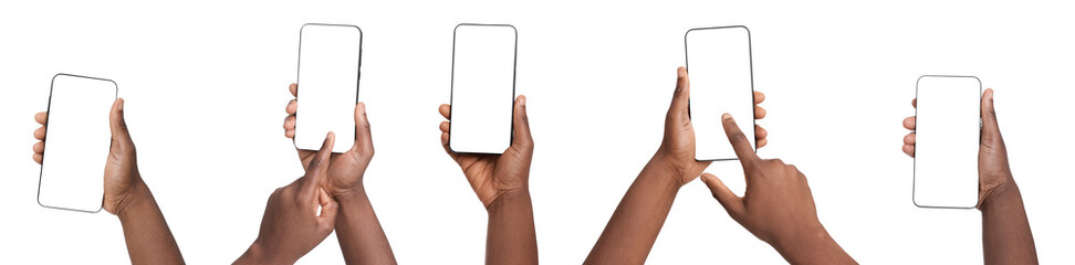 Woman holding mobile phone with blank screen on white background, closeup. Collage