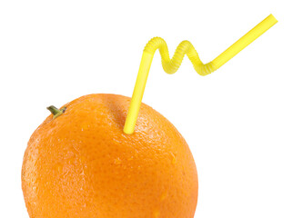Ripe orange with drinking straw on white background. Organic juice or freshly made smoothie concept