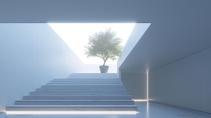 Obraz premium Minimalist interior with white stairs leading to an olive tree in a light-filled atrium.