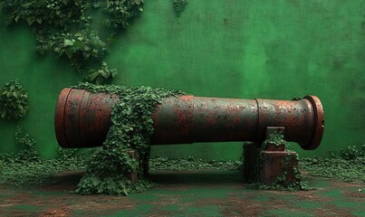 Obraz premium Rusty cannon, overgrown with vines, green background.