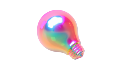A holographic light bulb icon with gradient iridescent tones rendered in 3D on a white background