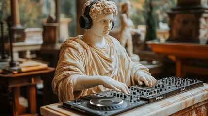 Creative fusion: ancient statue with modern dj equipment in classical setting