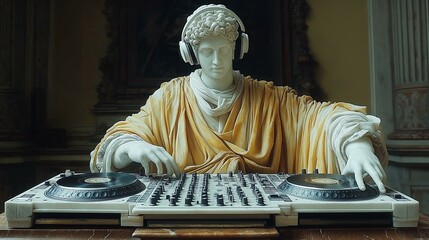 Classical statue dj mixing music with headphones in unique fusion of art and sound