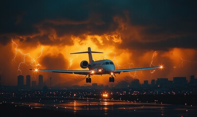 Private jet landing, stormy sunset, city backdrop.