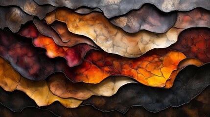 Abstract art featuring layered, textured forms in warm earth tones. The artwork evokes a sense of depth and movement.