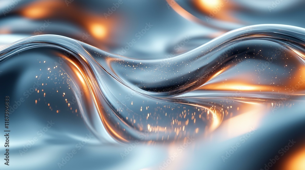 Wall mural abstract liquid metal surface with glowing particles and fluid waves