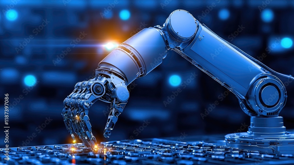 Poster robotic arm assembling components in high-tech factory industrial automation modern environment clos