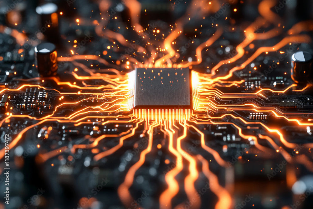 Poster computer chip with glowing connections on a circuit board. generative ai