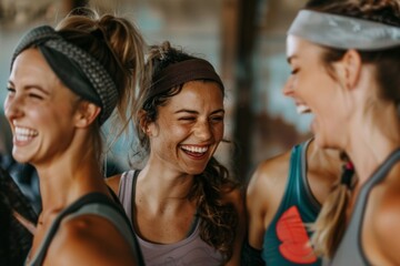 Fototapeta premium Candid photo of a group of women laughing after workout in gym