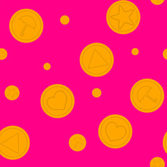 Seamless pattern featuring golden coins with various symbols on a vibrant pink background. Perfect for use in games, apps, digital designs, or playful branding projects.