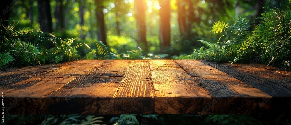 Poster Empty wooden table in a magical forest. Perfect for displaying natural products or creating a mystical ambiance.